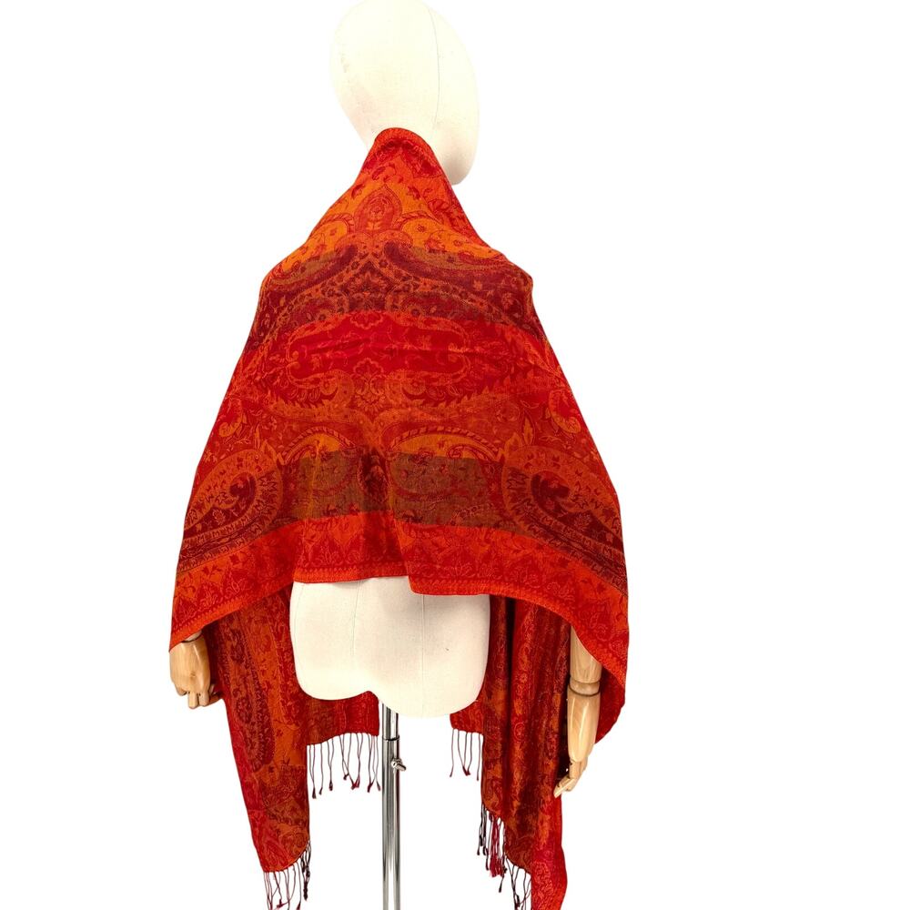 Vintage Y2K Sacred Threads Orange Red 100% Silk Paisley Woven Fringed Shawl